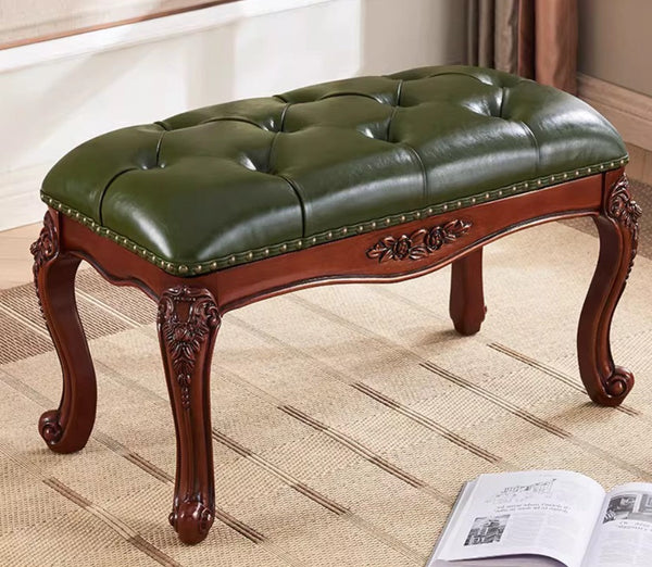Farmhouse Entryway Bench, Leather Lounge Chair Modern, Green Leather Stool, Genuine Leather Solid Wood Entry Bench, Vintage Dressing Table Stool, Rubber Wood Footstool-artworkcanvas