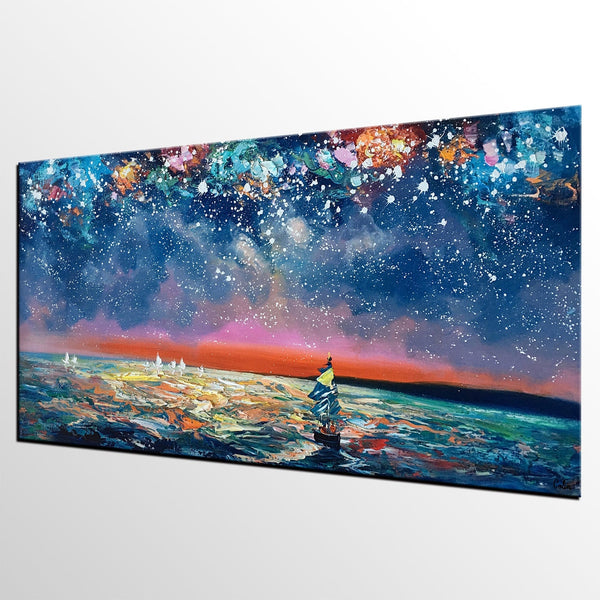 Bedroom Canvas Art, Landscape Painting, Boat under Starry Night Sky Painting, Custom Large Painting