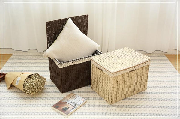 Large Deep Brown / Cream Color Woven Straw basket with Cover, Storage Basket for Toys, Rectangle Storage Basket, Storage Basket for Clothes