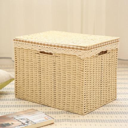 Large Deep Brown / Cream Color Woven Straw basket with Cover, Storage Basket for Toys, Rectangle Storage Basket, Storage Basket for Clothes