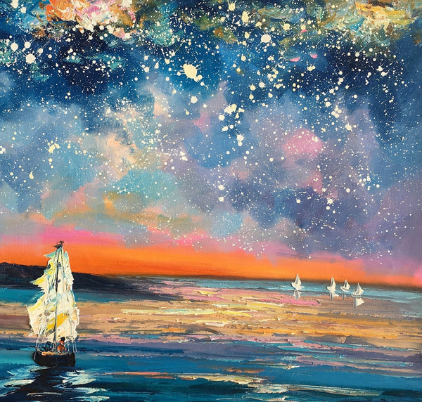 Landscape Canvas Painting, Large Canvas Wall Art, Starry Night Sky Painting, Custom Canvas Painting for Bedroom-artworkcanvas