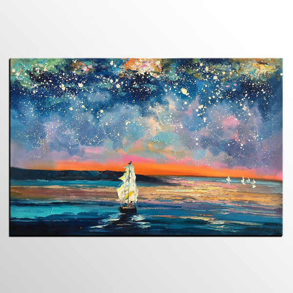 Landscape Canvas Painting, Large Canvas Wall Art, Starry Night Sky Painting, Custom Canvas Painting for Bedroom