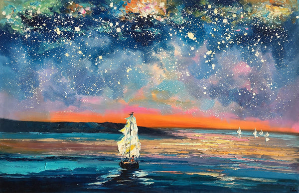 Landscape Canvas Painting, Large Canvas Wall Art, Starry Night Sky Painting, Custom Canvas Painting for Bedroom