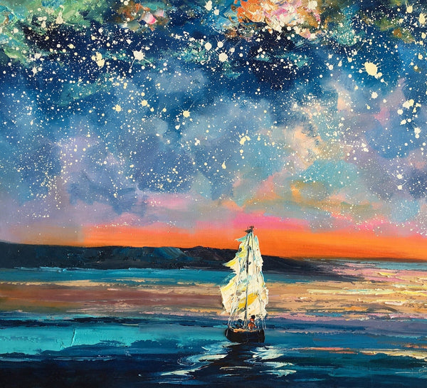 Landscape Canvas Painting, Large Canvas Wall Art, Starry Night Sky Painting, Custom Canvas Painting for Bedroom