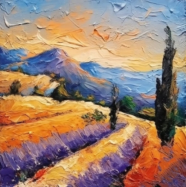 Simple Small Canvas Paintings, Original Small Landscape Paintings, Provence Lavender Field Cypress Tree Painting, Heavy Texture Acrylic Artwork, Easy Landscape Painting Ideas-artworkcanvas