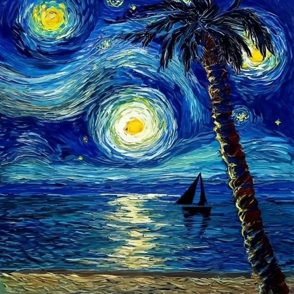 Heavy Texture Canvas Art, Easy Seascape Painting Ideas, Simple Small Canvas Paintings, Palette Knife Paintings, Sail Boat under Starry Night Painting, Small Landscape Painting-artworkcanvas