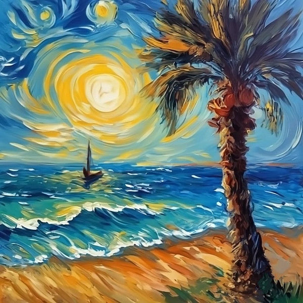 Palm Tree Sail Boat Seashore Beach Painting, Heavy Texture Canvas Art, Original Small Landscape Paintings, Small Palette Knife Oil Paintings, Easy Landscape Painting Ideas, Simple Small Canvas Paintings-artworkcanvas