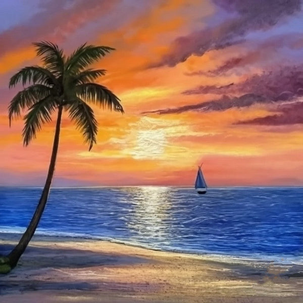 Original Small Landscape Paintings, Hawaii Seashore Beach Sail Boat Sunset Painting, Simple Small Canvas Paintings, Heavy Texture Acrylic Artwork, Easy Landscape Painting Ideas-artworkcanvas