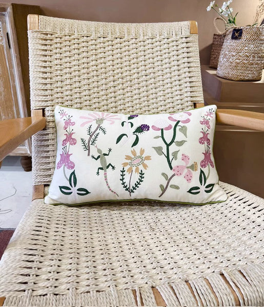 Embroider Flower Cotton Pillow Covers, Spring Flower Decorative Throw Pillows, Farmhouse Sofa Decorative Pillows, Flower Decorative Throw Pillows for Couch-artworkcanvas