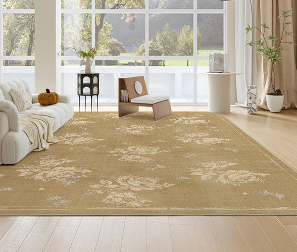 Flower Pattern French Style Modern Rugs for Dining Room, Contemporary Modern Rugs, Mid Century Modern Rugs for Interior Design, Yellow Soft Rugs under Coffee Table-artworkcanvas