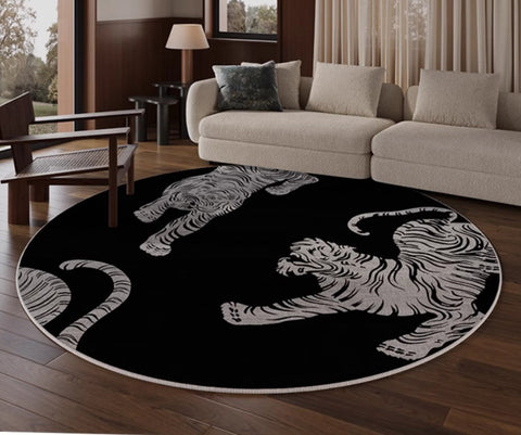 Modern Rugs for Dining Room, Tiger Black Modern Rugs for Bathroom, Abstract Contemporary Round Rugs, Circular Modern Rugs under Coffee Table-artworkcanvas