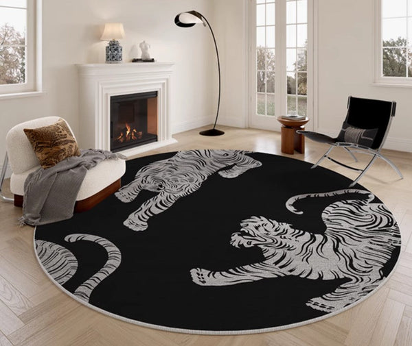 Modern Rugs for Dining Room, Tiger Black Modern Rugs for Bathroom, Abstract Contemporary Round Rugs, Circular Modern Rugs under Coffee Table-artworkcanvas