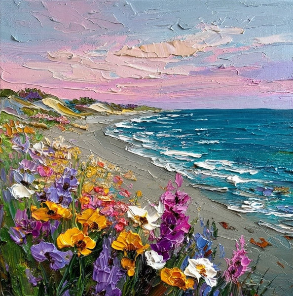 Seashore Beach Painting, Seaside Flower Wilderness, Hand Painted Canvas Art, Original Oil Painting for Sale, Heavy Texture Paintings