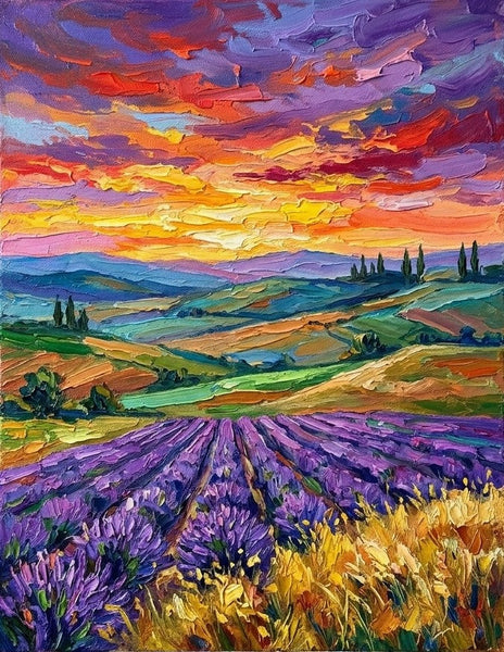 Sunset Over Lavender Fields, Original Landscape Paintings, Hand Painted Canvas Art, Impasto Paintings for Sale, Small Artwork for Sale