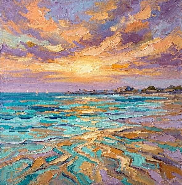 Sails on the Sunny Evening Sea, Hand Painted Canvas Art, Original Landscape Paintings, Impasto Canvas Artwork