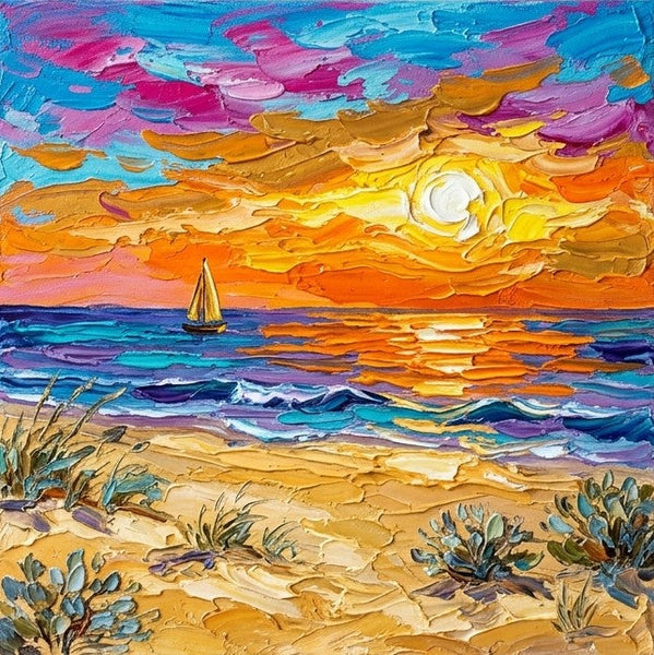 Hand Painted Canvas Art, Sunset Bay Evening Charm, Seashore Beach Painting, Heavy Texture Paintings, Original Landscape Paintings