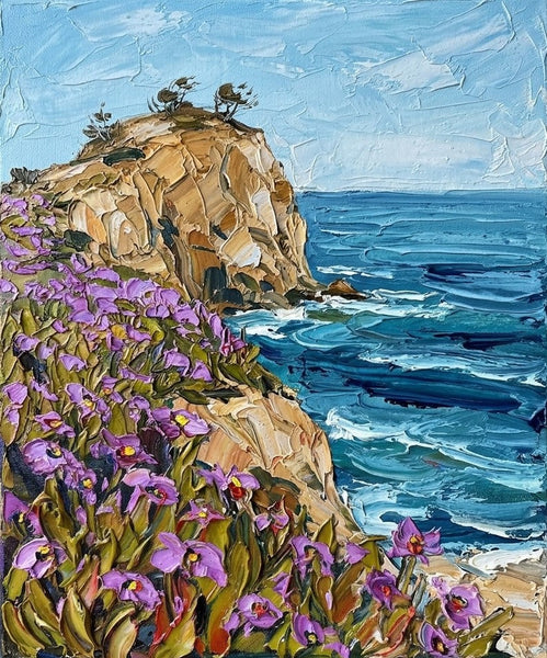 Original Seashore Paintings, Purple Blooms on the Cliff Edge, Heavy Texture Paintings on Canvas, Small Canvas Artwork for Sale