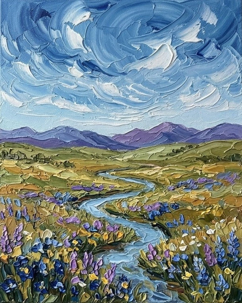 Original Oil Paintings for Sale, Original Landscape Paintings, Winding River Under Cloudy Sky, Buy Small Paintings Online