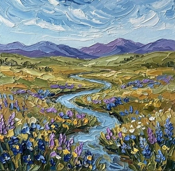 Original Oil Paintings for Sale, Original Landscape Paintings, Winding River Under Cloudy Sky, Buy Small Paintings Online