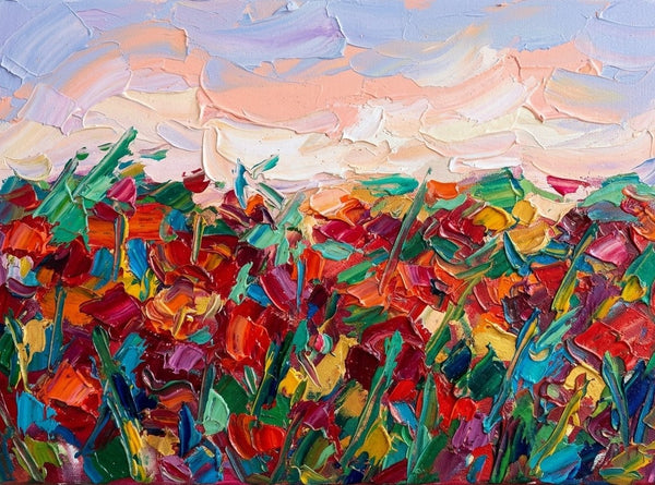 Abstract Red Poppy Field Painting, Original Landscape Paintings, Impasto Paintings, Heavy Texture Artwork, Original Oil Paintings