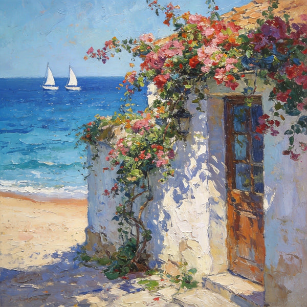 Blooming Bougainvillea and the Azure Mediterranean, Seashore Beach Paintings, Original Oil Paintings, Buy Small Artwork Online