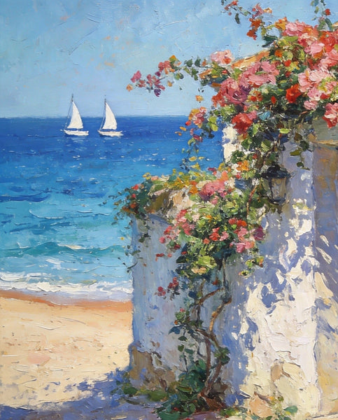 Blooming Bougainvillea and the Azure Mediterranean, Seashore Beach Paintings, Original Oil Paintings, Buy Small Artwork Online