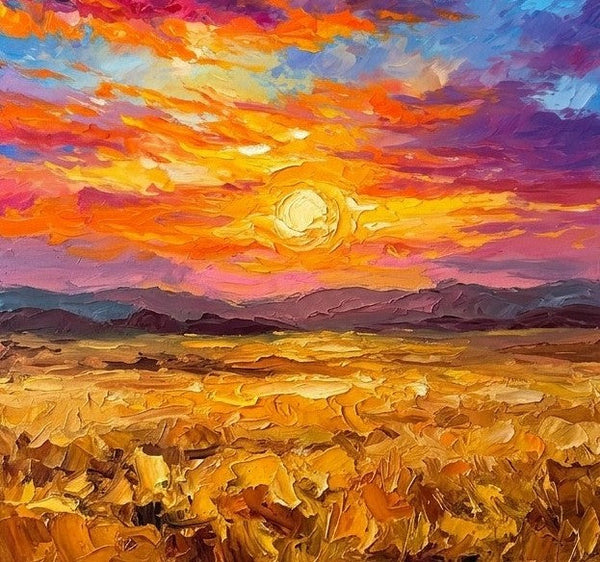Original Landscape Paintings, Hand Painted Canvas Art, Impasto Paintings, Sunset Overflowing Golden Plains, Small Artwork for Sale