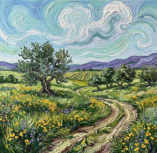 Hand Painted Canvas Art, Wind Sweeping Clouds Over the Green Plain, Original Oil Painting for Sale, Heavy Texture Paintings