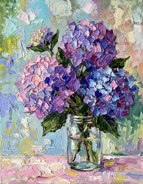 Original Flower Paintings, Blue and Purple Hydrangea Flowers in Glass Vase, Small Canvas Artwork, Impasto Canvas Artwork, Original Oil Paintings