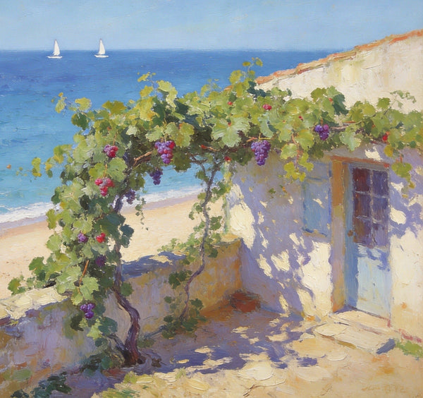 Original Landscape Paintings, Summer Glow on the Vine-Covered Terrace, Hand Painted Canvas Art, Seashore Beach Painting, Small Canvas Wall Art Paintings