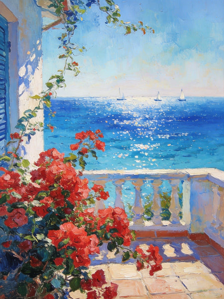 Summer Glow on the Flowered Balcony, Small Canvas Wall Art Paintings, Original Oil Paintings, Hand Painted Canvas Art
