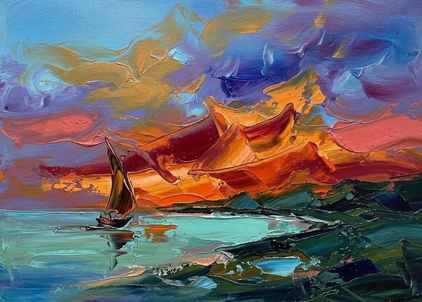 Original Canvas Paintings, Abstract Sail Boat at Sea Painting, Heavy Texture Artwork, Impasto Paintings, Impasto Canvas Art