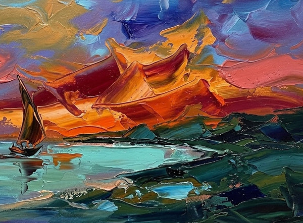 Original Canvas Paintings, Abstract Sail Boat at Sea Painting, Heavy Texture Artwork, Impasto Paintings, Impasto Canvas Art