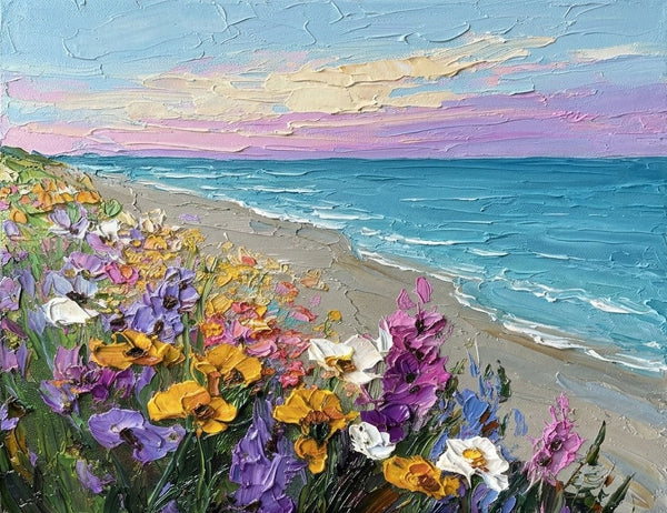 Heavy Texture Paintings on Canvas, Blooms Under Sunny Sea Sky, Impasto Painting, Original Seashore Paintings