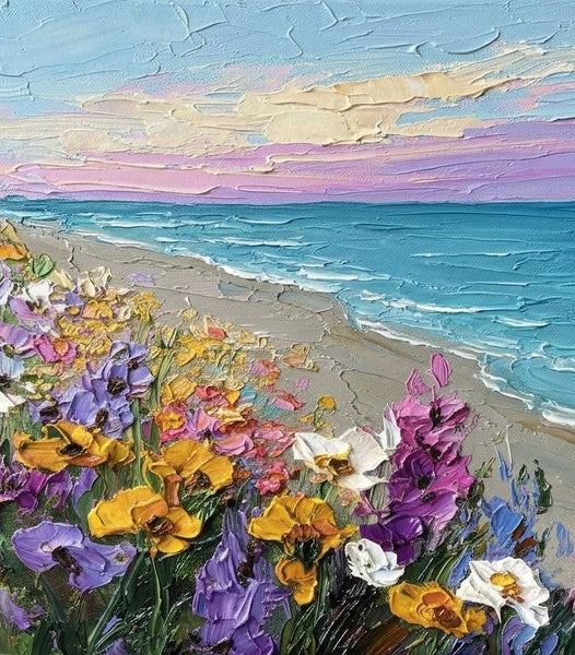 Flower Tide by the Shore, Original Oil Paintings, Small Canvas Artwork for Sale, Original Seascape Paintings