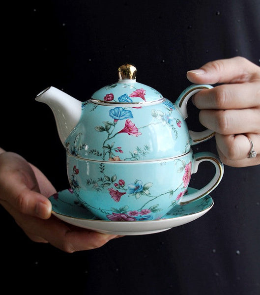 Stackable Teapot and Cup Set, Ceramic Tea Pot with Integrated Cup, Porcelain Teapot with Matching Cup and Saucer in Gift Box, Mother and Baby Teapot with Matching Saucer-artworkcanvas