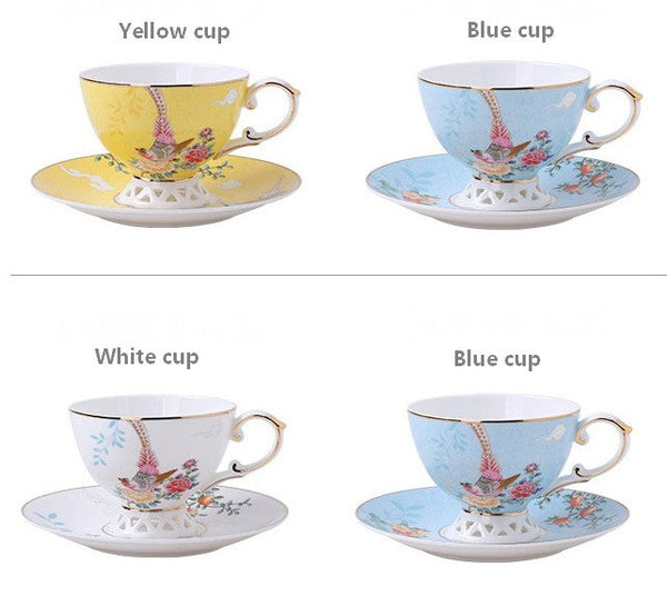 Elegant Oriental Pheasant Ceramic Cups, Beautiful Bird Pattern Tea Cups, 8 oz Porcelain Tea Cup Saucer Set of 2 Cups, Unique Tea Cup and Saucer in Gift Box-artworkcanvas