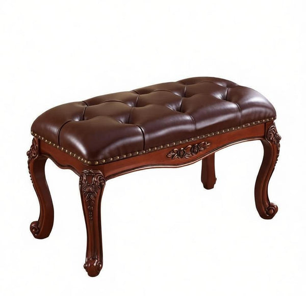 Dark Brown Leather Stool, Genuine Leather Solid Wood Entry Bench, Vintage Dressing Table Stool, Rubber Wood Footstool, Farmhouse Entryway Bench, Leather Lounge Chair Modern-artworkcanvas