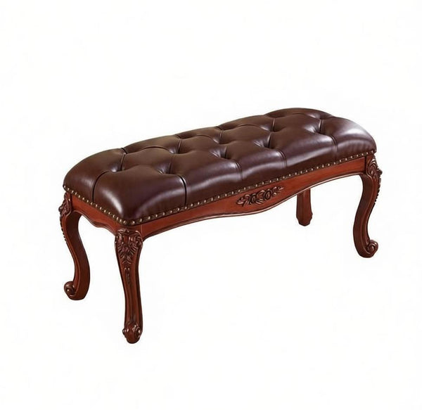 Vintage Dressing Table Stool, Rubber Wood Footstool, Brown Leather Stool, Genuine Leather Solid Wood Entry Bench, Farmhouse Entryway Bench, Leather Lounge Chair-artworkcanvas