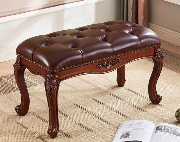 Vintage Dressing Table Stool, Rubber Wood Footstool, Brown Leather Stool, Genuine Leather Solid Wood Entry Bench, Farmhouse Entryway Bench, Leather Lounge Chair-artworkcanvas