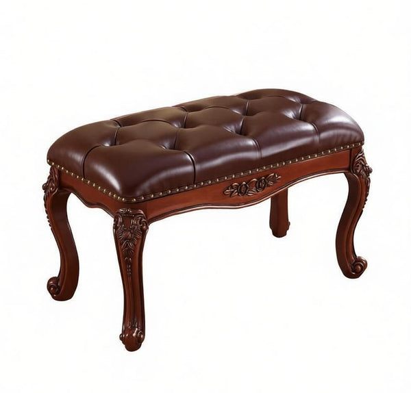 Vintage Dressing Table Stool, Rubber Wood Footstool, Brown Leather Stool, Genuine Leather Solid Wood Entry Bench, Farmhouse Entryway Bench, Leather Lounge Chair-artworkcanvas