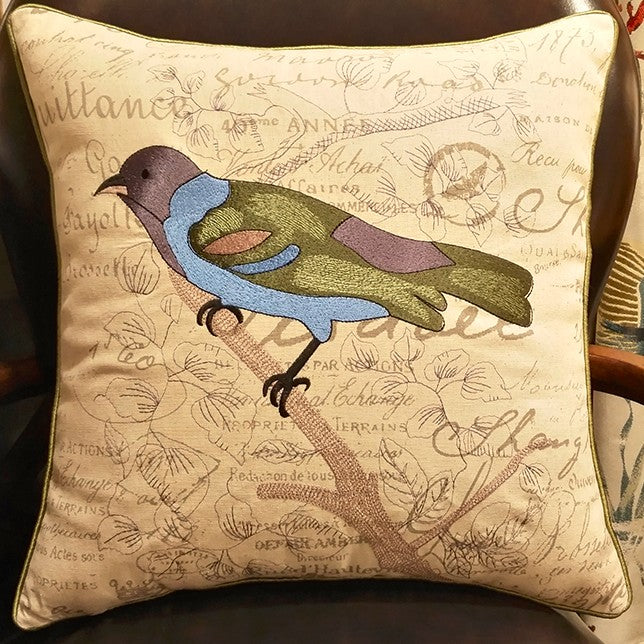Bird Embroidered Throw Pillows Covers 18x18 Handmade Floral Pattern Square  Lumbar Pillow Cases Home Decor Chic Accents Couch Sofa 