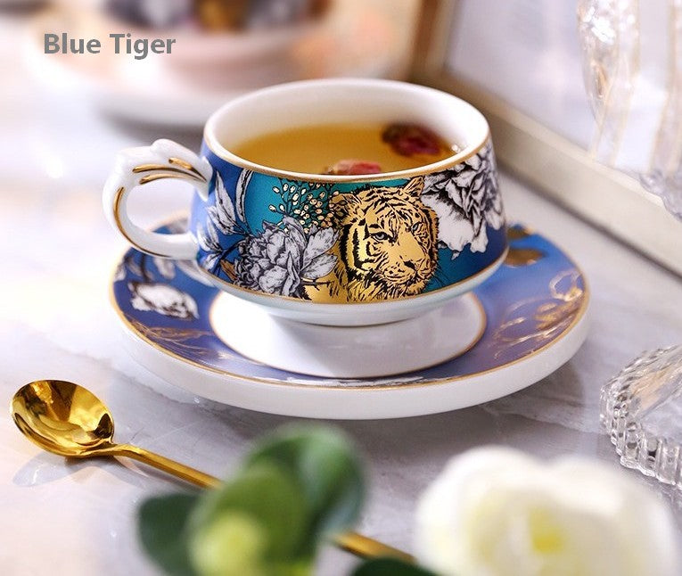 Creative Ceramic Tea Cups and Saucers, Jungle Tiger Cheetah Porcelain Coffee Cups, Unique Ceramic Cups with Gold Trim and Gift Box-artworkcanvas