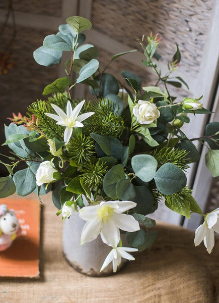Eucalyptus Globulus, Clematis, White Rose Flowers, Unique Flower Arrangement for Home Decoration, Beautiful Modern Artificial Flowers for Dining Room Table-artworkcanvas