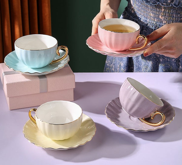 Beautiful British Tea Cups, Creative Bone China Porcelain Tea Cup Set, Elegant Macaroon Ceramic Coffee Cups, Unique Tea Cups and Saucers in Gift Box as Birthday Gift-artworkcanvas