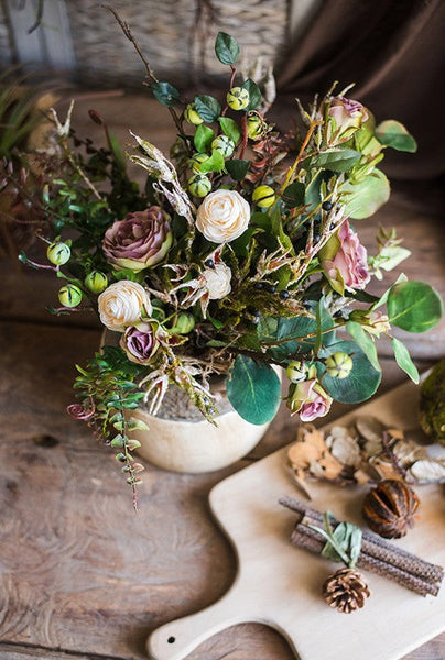 Eucalyptus leaves, Rose, Ranunculus Asiaticus Flowers, Beautiful Modern Flower Arrangement for Living Room, Ctreative Artificial Floral for Home Decoration-artworkcanvas