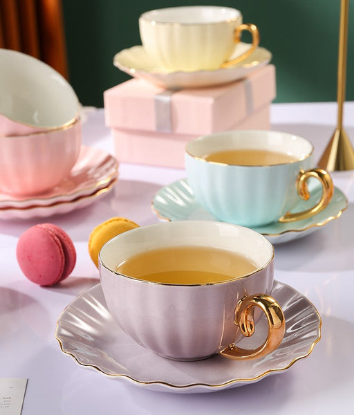 Unique Tea Cups and Saucers in Gift Box as Birthday Gift, Elegant Macaroon Ceramic Coffee Cups, Beautiful British Tea Cups, Creative Bone China Porcelain Tea Cup Set-artworkcanvas