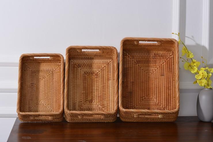 Handmade Rectangular Rattan Storage Basket With Handles For Kitchen And Bathroom Organization