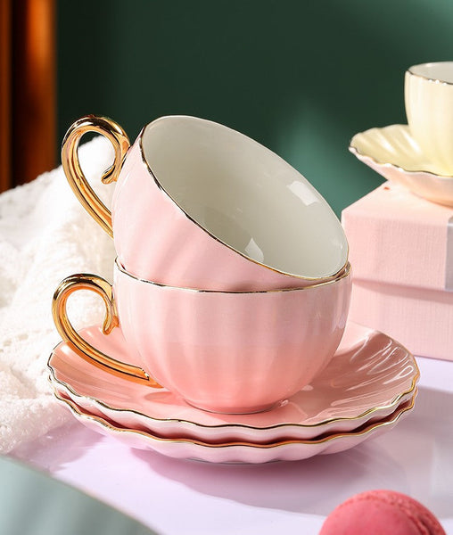 Elegant Macaroon Ceramic Coffee Cups, Beautiful British Tea Cups, Creative Bone China Porcelain Tea Cup Set, Unique Tea Cups and Saucers in Gift Box as Birthday Gift-artworkcanvas
