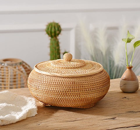 Rattan Storage Basket for Kitchen, Storage Basket for Picnic, Small Storage Baskets, Round Storage Basket with Lid, Woven Storage Baskets-artworkcanvas